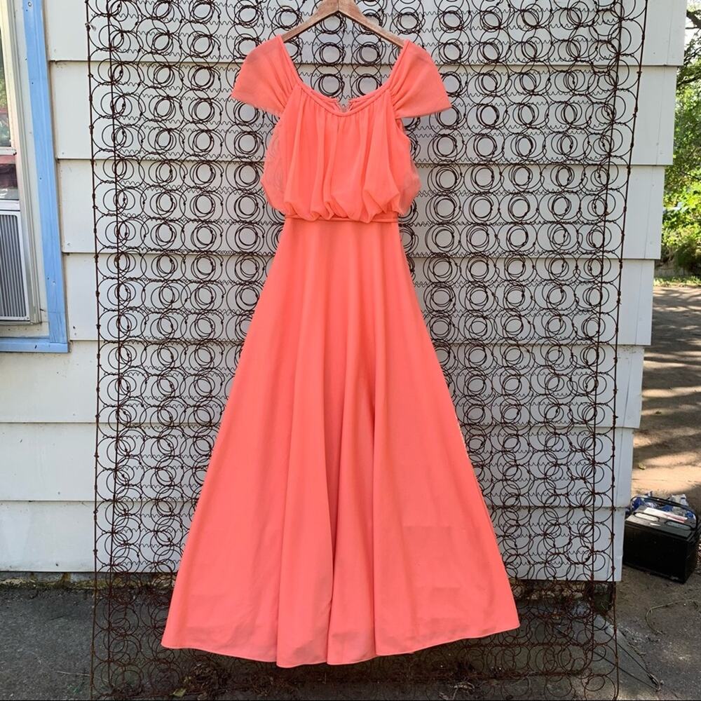 Vintage 70s Peach sheer A line blouson bust maxi dress SMALL?